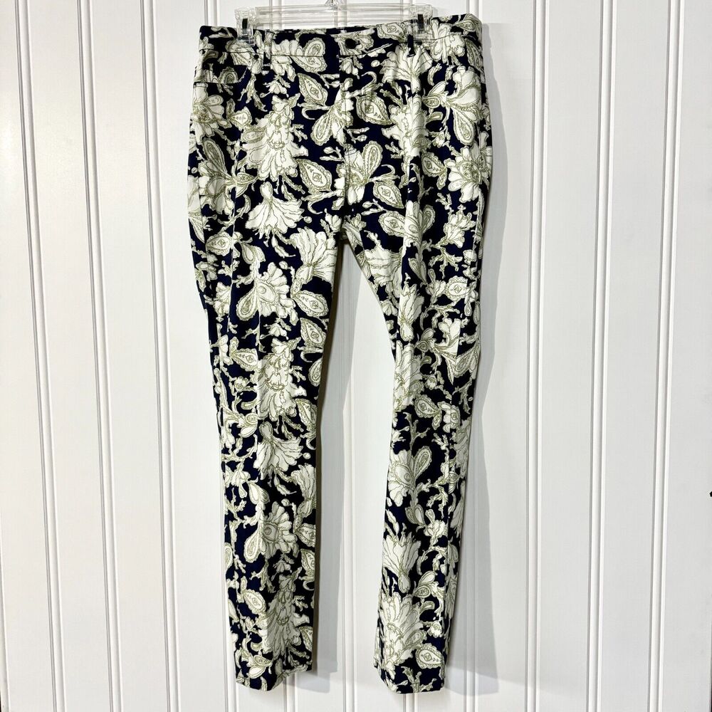 ORVIS‎ Pants Women Size 14 Low Rise Skinny Floral Navy Blue Button Front Zip Up